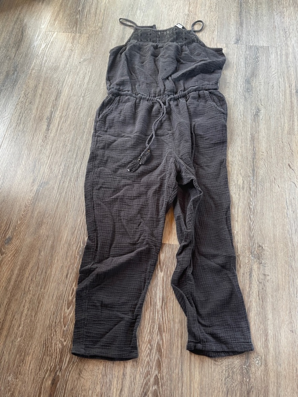 Old Navy Black Gauze Drawstring Jumpsuit with Spaghetti Straps